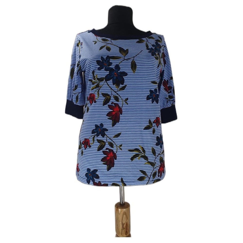 LAUREN Ralph Lauren Striped Floral Short Sleeve Blouse - Size XL